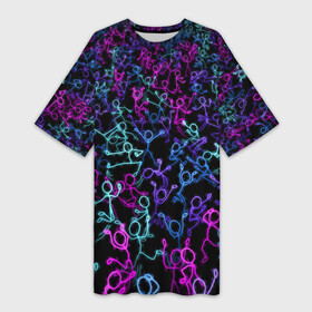 Платье-футболка 3D с принтом Neon Rave Party в Екатеринбурге,  |  | disco | rave | дискотека | неоновый | рейв | танцы | человечки
