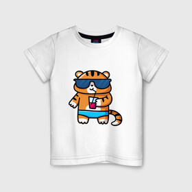 Детская футболка хлопок с принтом Веселый тигренок в Екатеринбурге, 100% хлопок | круглый вырез горловины, полуприлегающий силуэт, длина до линии бедер | 2022 | год тигра | новый год | новый год 2022 | символ года | тигр | тигренок | тигрица | тигры