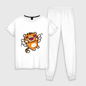 Женская пижама хлопок с принтом влюбленный тигренок в Екатеринбурге, 100% хлопок | брюки и футболка прямого кроя, без карманов, на брюках мягкая резинка на поясе и по низу штанин | 2022 | год тигра | новый год | новый год 2022 | символ года | тигр | тигренок | тигрица | тигры