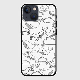 Чехол для iPhone 13 mini с принтом Небесные киты (ЧБ) в Екатеринбурге,  |  | Тематика изображения на принте: whale | детское | киты | летающие киты | небо | облака