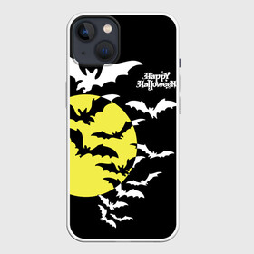 Чехол для iPhone 13 с принтом Летучие мыши на Хэллоуин в Екатеринбурге,  |  | bats | black | happy halloween | moon | night | sky | yellow | желтая | летучие мыши | луна | небо | ночь | праздник | хэллоуин | черное
