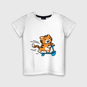 Детская футболка хлопок с принтом Тигренок на самокате в Екатеринбурге, 100% хлопок | круглый вырез горловины, полуприлегающий силуэт, длина до линии бедер | Тематика изображения на принте: 2022 | год тигра | новый год | новый год 2022 | символ года | тигр | тигренок | тигрица | тигры