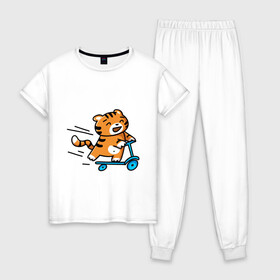 Женская пижама хлопок с принтом Тигренок на самокате в Екатеринбурге, 100% хлопок | брюки и футболка прямого кроя, без карманов, на брюках мягкая резинка на поясе и по низу штанин | 2022 | год тигра | новый год | новый год 2022 | символ года | тигр | тигренок | тигрица | тигры