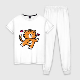 Женская пижама хлопок с принтом влюбленный тигр в Екатеринбурге, 100% хлопок | брюки и футболка прямого кроя, без карманов, на брюках мягкая резинка на поясе и по низу штанин | 2022 | год тигра | новый год | новый год 2022 | символ года | тигр | тигренок | тигрица | тигры