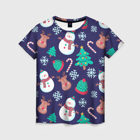 Женская футболка 3D с принтом Рождественский Паттерн в Екатеринбурге, 100% полиэфир ( синтетическое хлопкоподобное полотно) | прямой крой, круглый вырез горловины, длина до линии бедер | deer | merry christmas | веселого рождества | ели | елки | олени | рождество | снеговики | снежинки