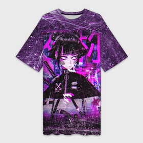 Платье-футболка 3D с принтом Cyberpunk Samurai Anime в Екатеринбурге,  |  | 2077 | anime | cyberpunk | girl | grunge | japan | neon | pink | аниме | анимэ | гранж | девочка | девушка | игра | иероглифы | киберпанк | мульт | неон | неоновый | офф вайт | полосы | потертости | самурай | символ | тян | узоры | я