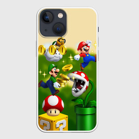 Чехол для iPhone 13 mini с принтом Mario Coins в Екатеринбурге,  |  | bowser | coin | koopa | luigi | mario | mashrum | nintendo | power up | video game | боузер | видео игра | гриб | деньги | игра | купа | луиджи | марио | монеты | нинтендо