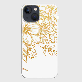 Чехол для iPhone 13 mini с принтом Золотые цветы на белом в Екатеринбурге,  |  | лето | листья | природа | цветы