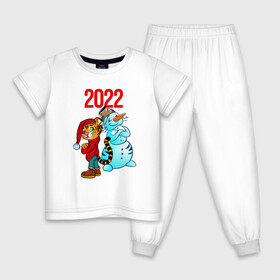 Детская пижама хлопок с принтом Тигр и снеговик 2022 в Екатеринбурге, 100% хлопок |  брюки и футболка прямого кроя, без карманов, на брюках мягкая резинка на поясе и по низу штанин
 | 2022 | год тигра | новый год | новый год 2022 | символ года | тигр | тигренок | тигрица | тигры