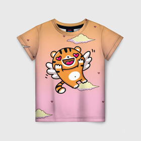 Детская футболка 3D с принтом милый влюбленный тигренок в Екатеринбурге, 100% гипоаллергенный полиэфир | прямой крой, круглый вырез горловины, длина до линии бедер, чуть спущенное плечо, ткань немного тянется | Тематика изображения на принте: 2022 | год тигра | новый год | новый год 2022 | символ года | тигр | тигренок | тигрица | тигры