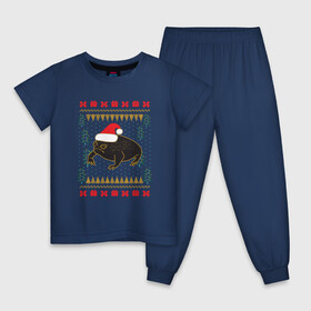 Детская пижама хлопок с принтом Рождественский свитер Жаба в Екатеринбурге, 100% хлопок |  брюки и футболка прямого кроя, без карманов, на брюках мягкая резинка на поясе и по низу штанин
 | Тематика изображения на принте: christmas | ugly sweater | африканская лягушка | дождевая лягушка | жаба | зима | зимний | лягушка | новый год | рождественский свитер | рождество | уродливый свитер | черная лягушка
