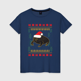 Женская футболка хлопок с принтом Рождественский свитер Жаба в Екатеринбурге, 100% хлопок | прямой крой, круглый вырез горловины, длина до линии бедер, слегка спущенное плечо | christmas | ugly sweater | африканская лягушка | дождевая лягушка | жаба | зима | зимний | лягушка | новый год | рождественский свитер | рождество | уродливый свитер | черная лягушка