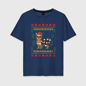 Женская футболка хлопок Oversize с принтом Рождественский свитер Йоркшик в Екатеринбурге, 100% хлопок | свободный крой, круглый ворот, спущенный рукав, длина до линии бедер
 | christmas | ugly sweater | вечеринка | йорк | йоркширский терьер | новый год | праздники | рождественский свитер | рождество | собака | собачка | уродливый свитер