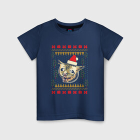 Детская футболка хлопок с принтом Рождественский свитер кашляющий кот в Екатеринбурге, 100% хлопок | круглый вырез горловины, полуприлегающий силуэт, длина до линии бедер | christmas | coughing cat | ugly sweater | вечеринка | кашляющий кот | кот мем | котик | новогодние праздники | новый год | рождественский свитер | рождество | уродливый свитер