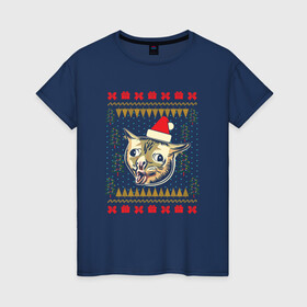 Женская футболка хлопок с принтом Рождественский свитер кашляющий кот в Екатеринбурге, 100% хлопок | прямой крой, круглый вырез горловины, длина до линии бедер, слегка спущенное плечо | christmas | coughing cat | ugly sweater | вечеринка | кашляющий кот | кот мем | котик | новогодние праздники | новый год | рождественский свитер | рождество | уродливый свитер