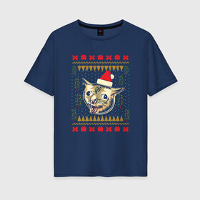 Женская футболка хлопок Oversize с принтом Рождественский свитер кашляющий кот в Екатеринбурге, 100% хлопок | свободный крой, круглый ворот, спущенный рукав, длина до линии бедер
 | Тематика изображения на принте: christmas | coughing cat | ugly sweater | вечеринка | кашляющий кот | кот мем | котик | новогодние праздники | новый год | рождественский свитер | рождество | уродливый свитер