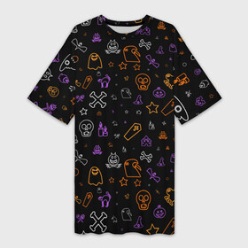 Платье-футболка 3D с принтом ХЕЛЛОУИН ПАТТЕРН НЕОН  HALLOWEEN NEON в Екатеринбурге,  |  | bats | bones | ghost | halloween | pumpkin | skull | кости | летучие мыши | приведение | призрак | скелет | тыква | хеллоуин | хоррор | хэллоуин