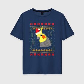 Женская футболка хлопок Oversize с принтом Рождественский свитер Корелла в Екатеринбурге, 100% хлопок | свободный крой, круглый ворот, спущенный рукав, длина до линии бедер
 | christmas | cockatiel | parrot | ugly sweater | корелла | новогодние праздники | новый год | попугай | птица | рождественский свитер | рождество | уродливый свитер