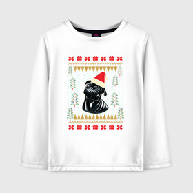 Детский лонгслив хлопок с принтом Рождественский свитер Черный мопс в Екатеринбурге, 100% хлопок | круглый вырез горловины, полуприлегающий силуэт, длина до линии бедер | christmas | ugly sweater | вечеринка | мопс | новогодние праздники | новый год | рождественский свитер | рождество | собака | собачка | уродливый свитер | черный мопс
