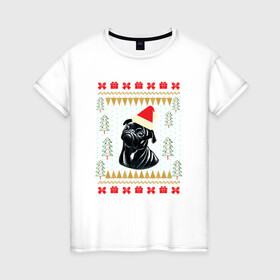Женская футболка хлопок с принтом Рождественский свитер Черный мопс в Екатеринбурге, 100% хлопок | прямой крой, круглый вырез горловины, длина до линии бедер, слегка спущенное плечо | christmas | ugly sweater | вечеринка | мопс | новогодние праздники | новый год | рождественский свитер | рождество | собака | собачка | уродливый свитер | черный мопс