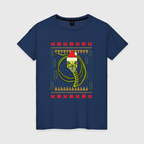 Женская футболка хлопок с принтом Рождественский свитер Скептическая змея в Екатеринбурге, 100% хлопок | прямой крой, круглый вырез горловины, длина до линии бедер, слегка спущенное плечо | christmas | ugly sweater | вечеринка | змеи | мемы | новогодние праздники | новый год | прикольная змея | рождественский свитер | рождество | уродливый свитер