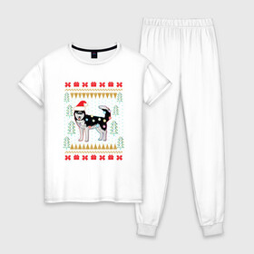 Женская пижама хлопок с принтом Рождественский свитер Хаски в Екатеринбурге, 100% хлопок | брюки и футболка прямого кроя, без карманов, на брюках мягкая резинка на поясе и по низу штанин | christmas | ugly sweater | вечеринка | новогодние праздники | новый год | рождественский свитер | рождество | сибирский хаски | собака | собачка | уродливый свитер | хаски