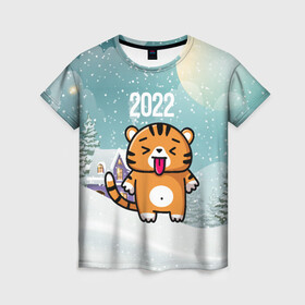 Женская футболка 3D с принтом Новогодний тигренок 2022 в Екатеринбурге, 100% полиэфир ( синтетическое хлопкоподобное полотно) | прямой крой, круглый вырез горловины, длина до линии бедер | 2022 | год тигра | новый год | новый год 2022 | символ года | тигр | тигренок | тигрица | тигры