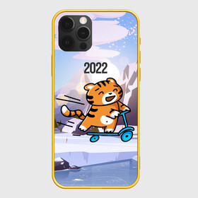 Чехол для iPhone 12 Pro с принтом Тигренок  на  самокате в Екатеринбурге, силикон | область печати: задняя сторона чехла, без боковых панелей | Тематика изображения на принте: 2022 | год тигра | новый год | новый год 2022 | символ года | тигр | тигренок | тигрица | тигры