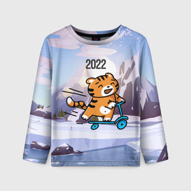 Детский лонгслив 3D с принтом Тигренок  на  самокате в Екатеринбурге, 100% полиэстер | длинные рукава, круглый вырез горловины, полуприлегающий силуэт
 | 2022 | год тигра | новый год | новый год 2022 | символ года | тигр | тигренок | тигрица | тигры