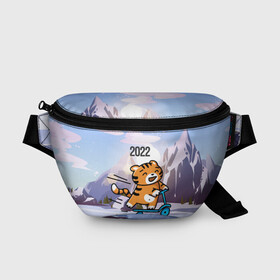 Поясная сумка 3D с принтом Тигренок  на  самокате в Екатеринбурге, 100% полиэстер | плотная ткань, ремень с регулируемой длиной, внутри несколько карманов для мелочей, основное отделение и карман с обратной стороны сумки застегиваются на молнию | Тематика изображения на принте: 2022 | год тигра | новый год | новый год 2022 | символ года | тигр | тигренок | тигрица | тигры