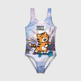 Детский купальник 3D с принтом Тигренок  на  самокате в Екатеринбурге, Полиэстер 85%, Спандекс 15% | Слитный крой, подклад по переду изделия, узкие бретели | 2022 | год тигра | новый год | новый год 2022 | символ года | тигр | тигренок | тигрица | тигры