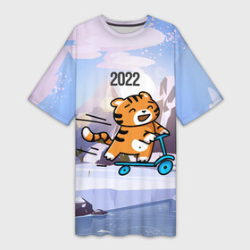 Платье-футболка 3D с принтом Тигренок на самокате в Екатеринбурге,  |  | 2022 | год тигра | новый год | новый год 2022 | символ года | тигр | тигренок | тигрица | тигры