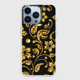 Чехол для iPhone 13 Pro с принтом Золотой Орнамент(1) в Екатеринбурге,  |  | лепесточки | орнамент | сверкающий | узор | цветочки