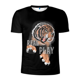 Мужская футболка 3D спортивная с принтом Real Play в Екатеринбурге, 100% полиэстер с улучшенными характеристиками | приталенный силуэт, круглая горловина, широкие плечи, сужается к линии бедра | Тематика изображения на принте: звери | крупные кошки | новый год | подарок | праздники | тигр | тигренок
