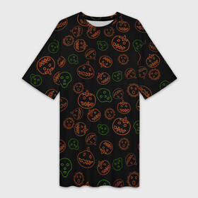 Платье-футболка 3D с принтом Хэллоуин тыквы и корона в Екатеринбурге,  |  | alien | black | contours | coronavirus | covid | funny | ghost | green | halloween | horror | monster | orange | pumpkins | scary | skull | жуть | забавно | зеленый | инопланетянин | ковид | контуры | коронавирус | монстр | оранжевый | привидение | страшн
