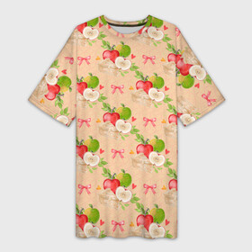 Платье-футболка 3D с принтом Яблоки паттерн в Екатеринбурге,  |  | лето | огород | сад | фрукты | яблоки | яблочный сад