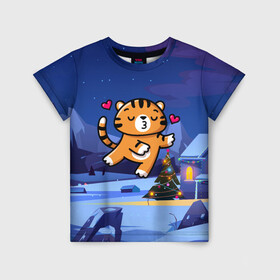 Детская футболка 3D с принтом Влюбленный тигренок с сердечками в Екатеринбурге, 100% гипоаллергенный полиэфир | прямой крой, круглый вырез горловины, длина до линии бедер, чуть спущенное плечо, ткань немного тянется | 2022 | год тигра | новый год | новый год 2022 | символ года | тигр | тигренок | тигрица | тигры