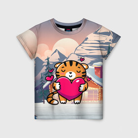Детская футболка 3D с принтом Тигренок   любовь в Екатеринбурге, 100% гипоаллергенный полиэфир | прямой крой, круглый вырез горловины, длина до линии бедер, чуть спущенное плечо, ткань немного тянется | Тематика изображения на принте: 2022 | год тигра | новый год | новый год 2022 | символ года | тигр | тигренок | тигрица | тигры