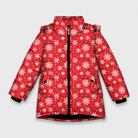 Зимняя куртка для девочек 3D с принтом Снежинки (красный фон) в Екатеринбурге, ткань верха — 100% полиэстер; подклад — 100% полиэстер, утеплитель — 100% полиэстер. | длина ниже бедра, удлиненная спинка, воротник стойка и отстегивающийся капюшон. Есть боковые карманы с листочкой на кнопках, утяжки по низу изделия и внутренний карман на молнии. 

Предусмотрены светоотражающий принт на спинке, радужный светоотражающий элемент на пуллере молнии и на резинке для утяжки. | Тематика изображения на принте: merry christmas | дед мороз | ёлка | зима | мороз | новый год | подарок | праздник | рождество | с новым годом | сантаклаус | снег | снеговик | снегурочка | снежинки | снежные узоры | узоры