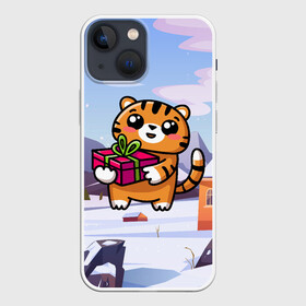 Чехол для iPhone 13 mini с принтом Новогодний тигренок с подарком в Екатеринбурге,  |  | Тематика изображения на принте: 2022 | год тигра | новый год | новый год 2022 | символ года | тигр | тигренок | тигрица | тигры
