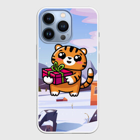 Чехол для iPhone 13 Pro с принтом Новогодний тигренок с подарком в Екатеринбурге,  |  | Тематика изображения на принте: 2022 | год тигра | новый год | новый год 2022 | символ года | тигр | тигренок | тигрица | тигры