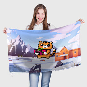 Флаг 3D с принтом Новогодний тигренок с подарком в Екатеринбурге, 100% полиэстер | плотность ткани — 95 г/м2, размер — 67 х 109 см. Принт наносится с одной стороны | 2022 | год тигра | новый год | новый год 2022 | символ года | тигр | тигренок | тигрица | тигры