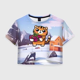Женская футболка Crop-top 3D с принтом Новогодний тигренок с подарком в Екатеринбурге, 100% полиэстер | круглая горловина, длина футболки до линии талии, рукава с отворотами | 2022 | год тигра | новый год | новый год 2022 | символ года | тигр | тигренок | тигрица | тигры