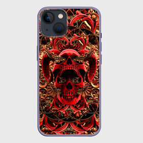 Чехол для iPhone 13 с принтом Череп красного демона в Екатеринбурге,  |  | gold | halloween | happy halloween | holiday | horns of satan | ornament | patterns | red skull | золото | красный череп | орнамент | праздник | рога сатаны | узоры | хэллоуин