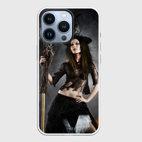 Чехол для iPhone 13 Pro с принтом Милая ведьма с метлой в Екатеринбурге,  |  | beautiful girl | black witch | broom and pumpkin | brunette | charming witch | cute | cute look | halloween | happy halloween | holiday | mous | брюнетка | красивая девушка | метла и тыква | милая | милый взгляд | мышь | очаровательная колд