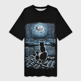 Платье-футболка 3D с принтом КОТЫ НА КРЫШЕ в Екатеринбурге,  |  | cat | moon | night | животные | звезды | звери | кот | котенок | коты | кошка | красиво | крыша | луна | мама | небо | ночь | тьма