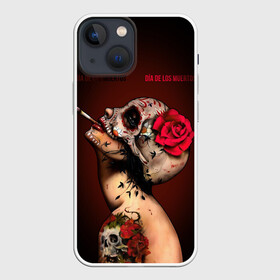 Чехол для iPhone 13 mini с принтом Ведьма с красной розой в Екатеринбурге,  |  | Тематика изображения на принте: body art | cigarette | day of the dead | halloween | happy halloween | holiday | nude witch | profile | red rose | skull | tattoo | боди арт | день мертвых | красная роза | обнаженная ведьма | праздник | профиль | тату | хэллоуин