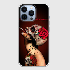 Чехол для iPhone 13 Pro с принтом Ведьма с красной розой в Екатеринбурге,  |  | body art | cigarette | day of the dead | halloween | happy halloween | holiday | nude witch | profile | red rose | skull | tattoo | боди арт | день мертвых | красная роза | обнаженная ведьма | праздник | профиль | тату | хэллоуин