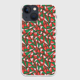 Чехол для iPhone 13 mini с принтом Абстракция из красных и зеленых треугольников в Екатеринбурге,  |  | abstraction | lines | triangles | абстракция | зеленый | коричневый | красный | линии | молодежный | розовый | треугольники | узор | фигуры
