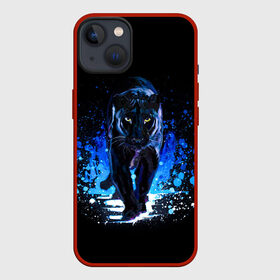 Чехол для iPhone 13 с принтом Черная пантера пятна краски в Екатеринбурге,  |  | black panther | panthera | большая кошка | красивая кошка | пантера | пятна краски | синяя краска | хищный зверь | черная пантера